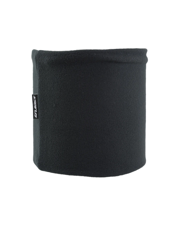 Black neck gaiter with a brand logo on a white background