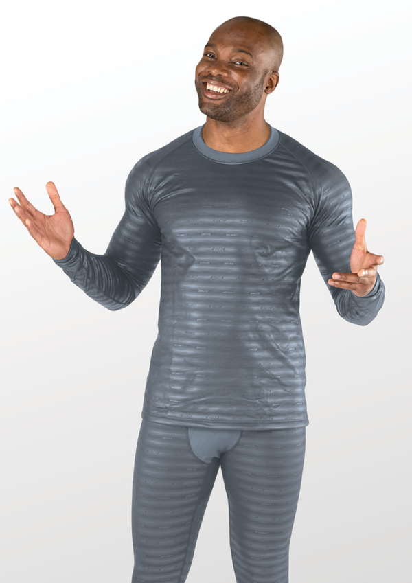 Man standing holding his arms out wearing mens grey reflective base layer top and bottoms