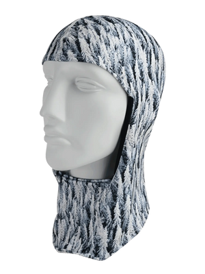Magnemask Balaclava in Spruce design of frost covered trees with mask tucked in 
