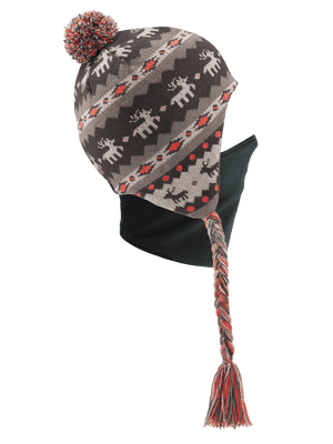 Side view of Junior Quick Clava Antler with Black Clava attached to drop ear beanie with brown and orange pattern featuring deer