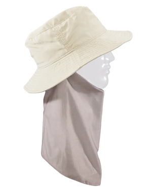 A beige colored hat with a sun protection scarf attached at the back, displayed on a mannequin head.