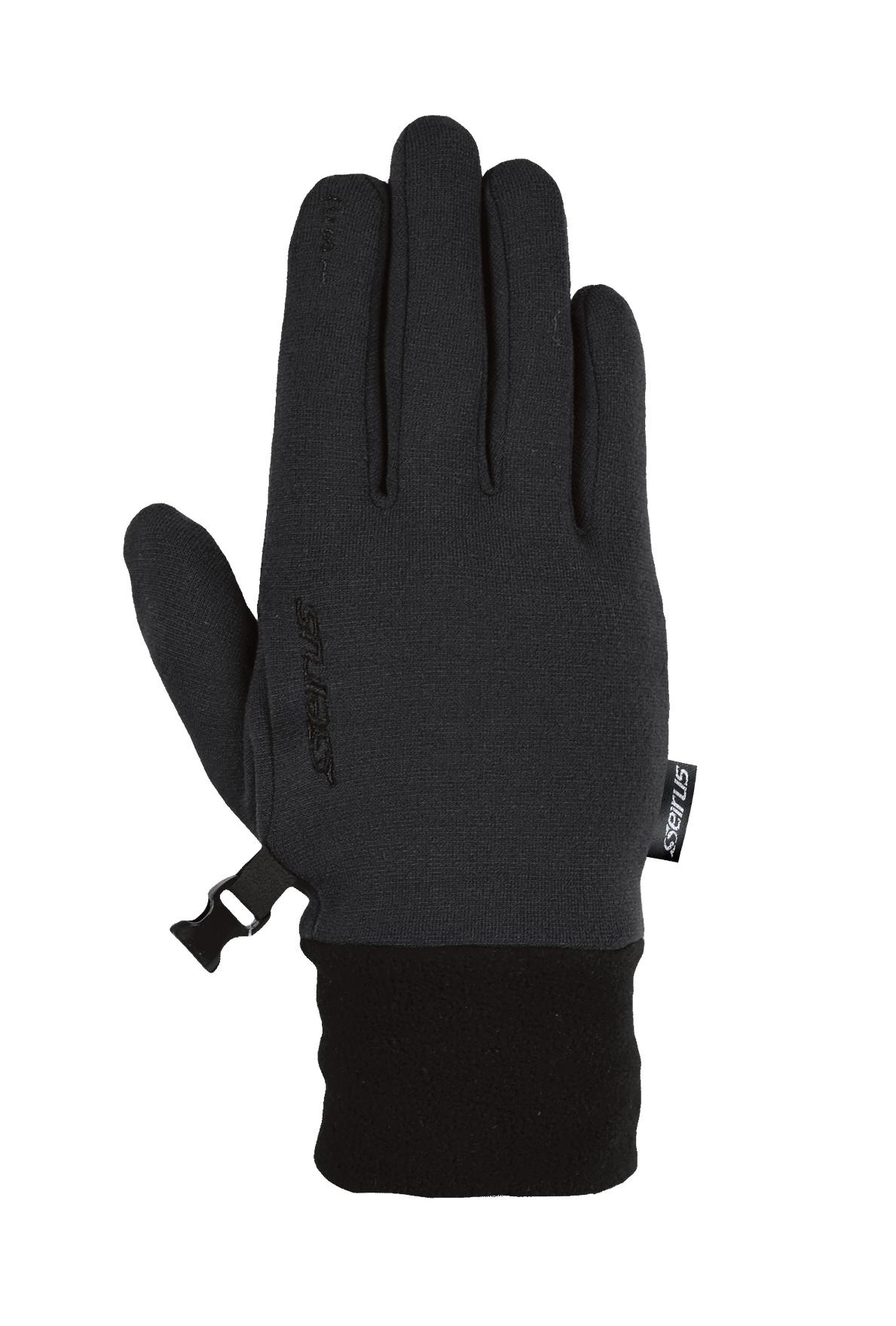 Front side product image of merino glove liner inblack with Seirus logo written on back of hand