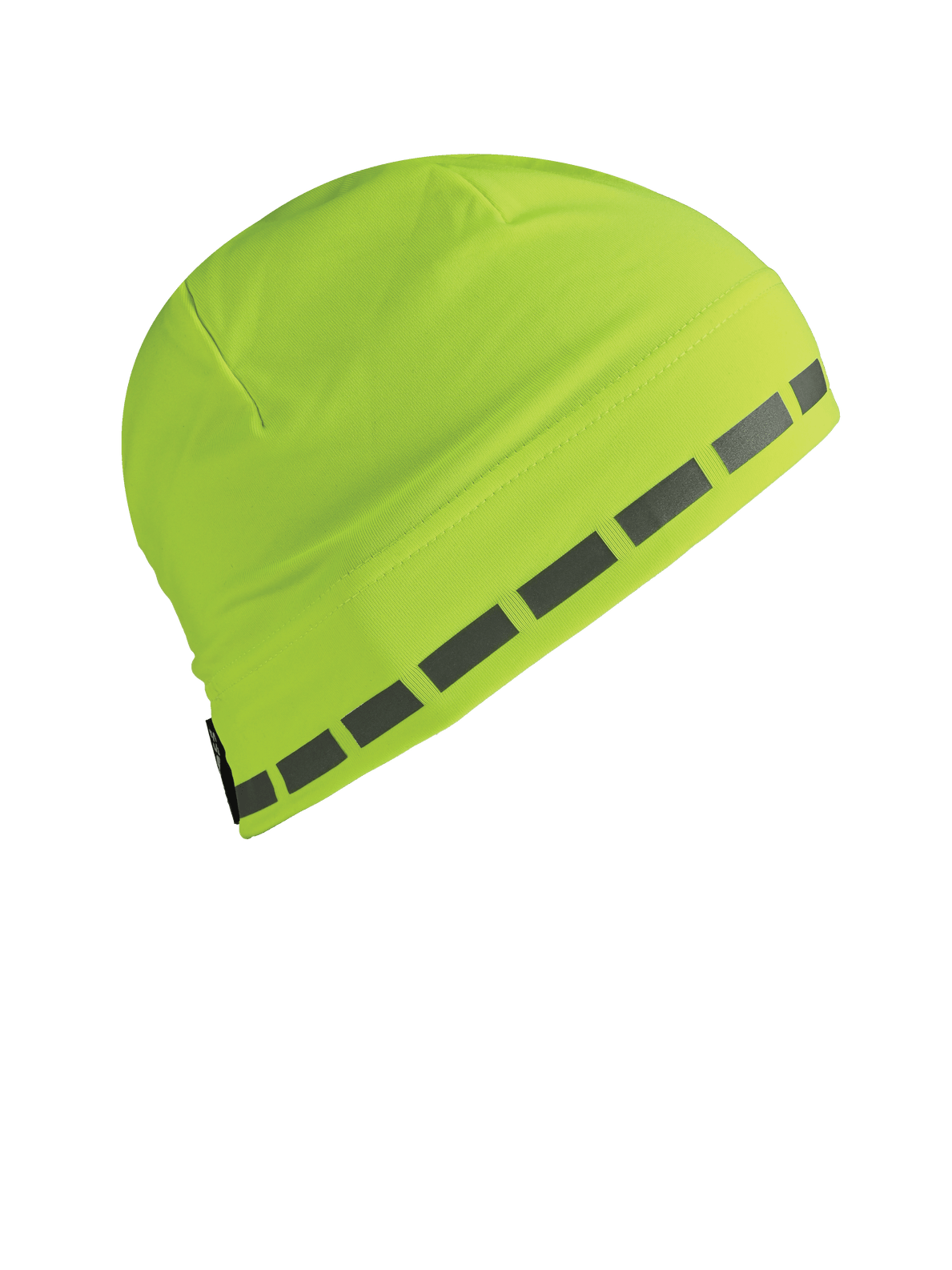 Side view of Dynamax Skull Cap in Hi Vis Yellow with reflective rectangles along edge of beanie