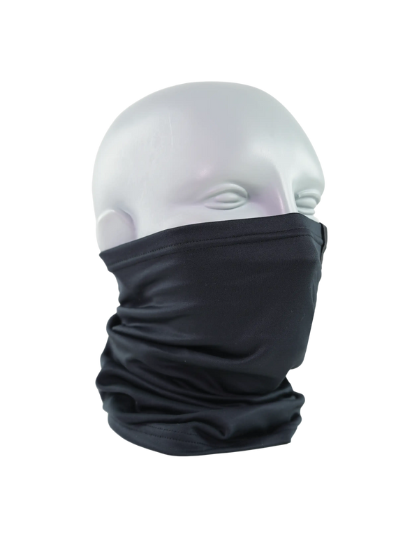 Black neck gaiter on a mannequin head against a white background