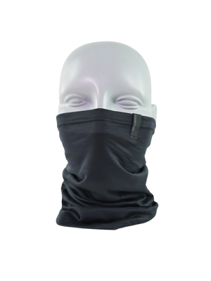 Black neck gaiter on a white mannequin head with a white background