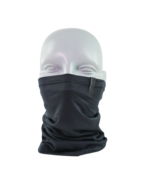 Black neck gaiter on a white mannequin head with a white background