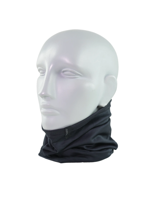 Black neck gaiter on a mannequin head against a white background