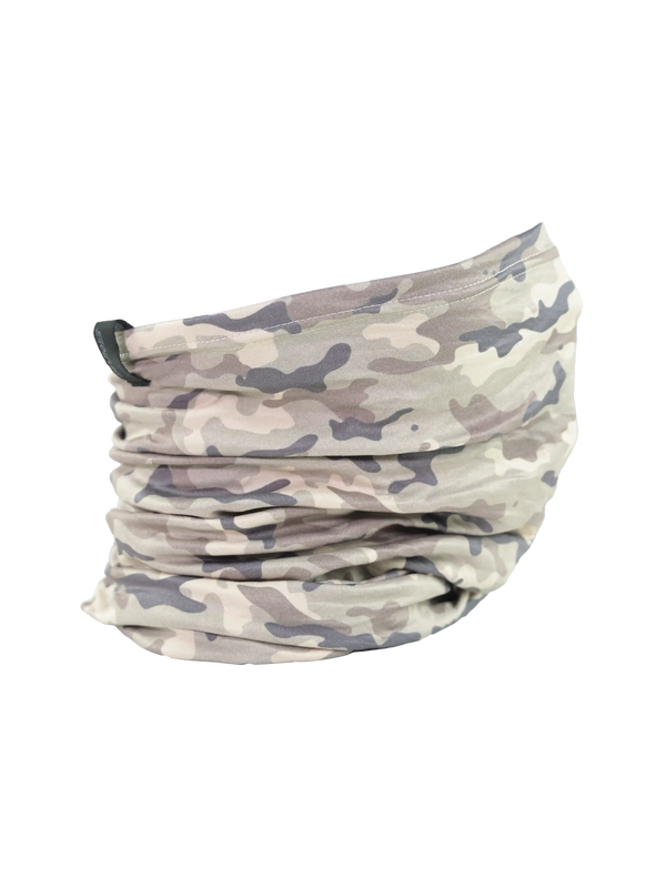 Camouflage-patterned neck gaiter on a white background