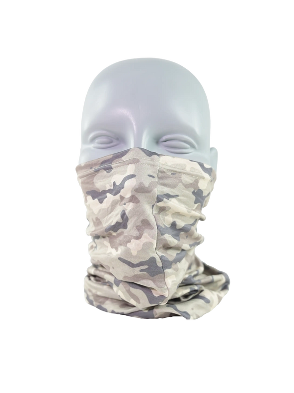 Camouflage patterned neck gaiter on a mannequin head against a white background