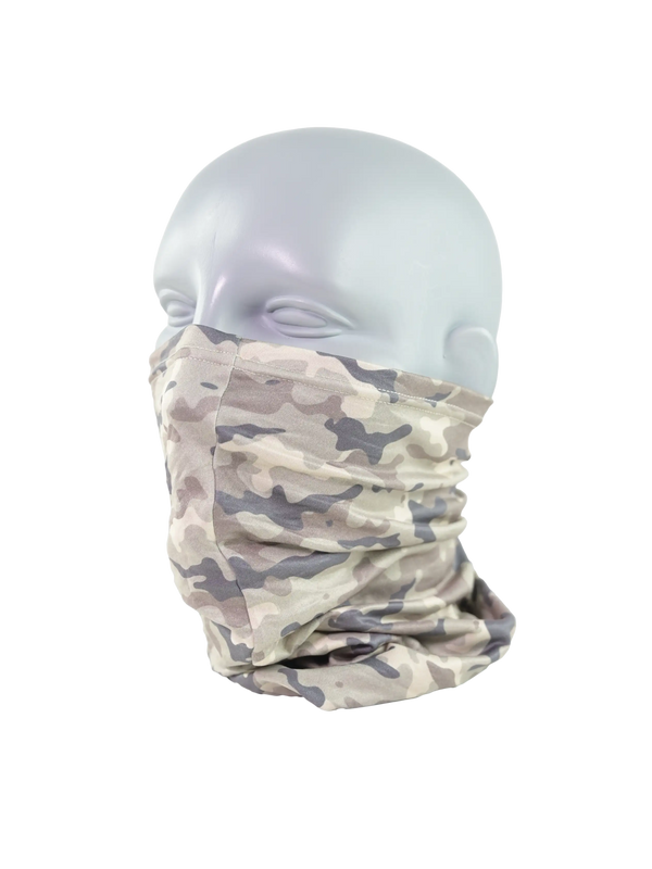 Camouflage-patterned neck gaiter on a mannequin head against a white background