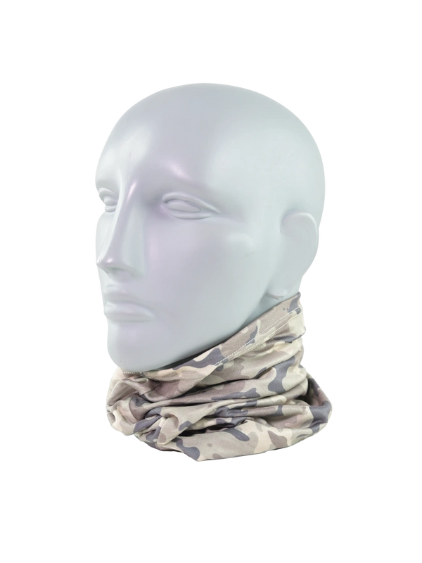 Camouflage neck gaiter on a mannequin head against a white background