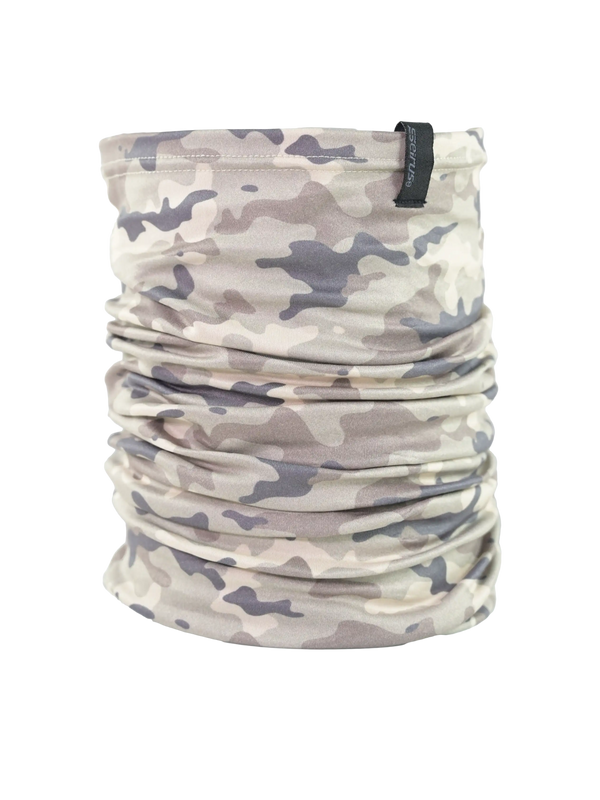 Camouflage patterned neck gaiter on a white background