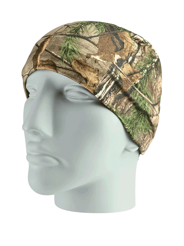 Camouflage beanie on a mannequin head against a white background
