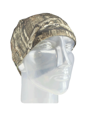 Camouflage beanie on a mannequin head against a white background