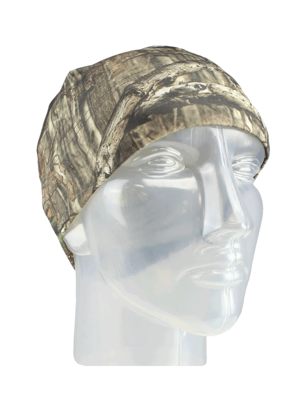 Camouflage beanie on a mannequin head against a white background