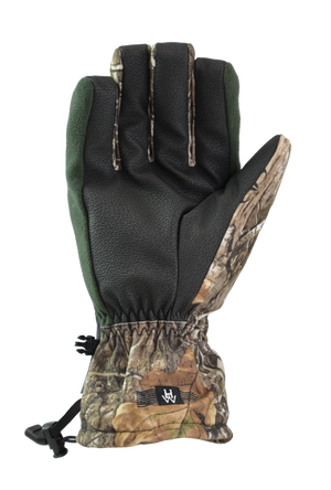 Palm facing view of heatwave accel camo glove with black palm pad and heatwave logo on cuff