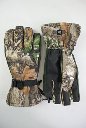 Photo of pair of heatwave accel camo gloves, one is palm facing up and the other is back of hand