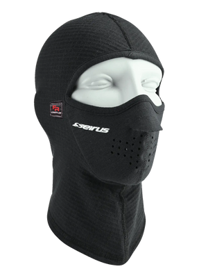 A Seirus Fireshield™ Combo Clava® in black, balaclava face mask with integrated ventilation holes, displayed on a gray mannequin head. The brand name 'SEIRUS' is printed in white on the right cheek, and a small red and white 'FR' logo is visible on the right side of the head.