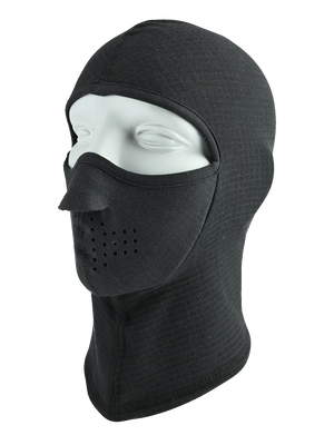 A Seirus Fireshield™ Combo Clava® in black, balaclava face mask with integrated ventilation holes, displayed on a gray mannequin head.