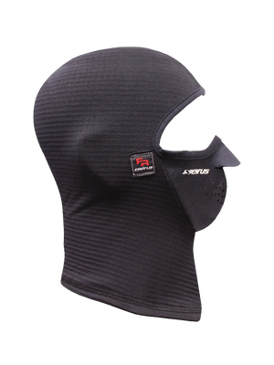 A Seirus Fireshield™ Combo Clava® in black, balaclava face mask with integrated ventilation holes, displayed on a gray mannequin head. The brand name 'SEIRUS' is printed in white on the right cheek, and a small red and white 'FR' logo is visible on the right side of the head.