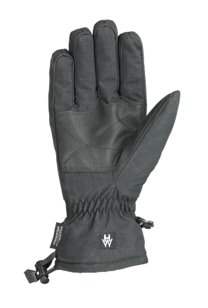 A single dark heather gray lofted winter outdoor glove shown flat against a white background, featuring textured grip palm patch on the palm side of the hand and a drawstring closure at the wrist.