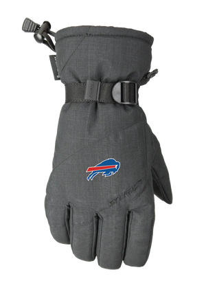 A single dark heather gray winter glove with a Buffalo Bills logo on the back of the hand, featuring a wrist strap with a pull tab and a one handed wrist cinch, displayed on a white background.