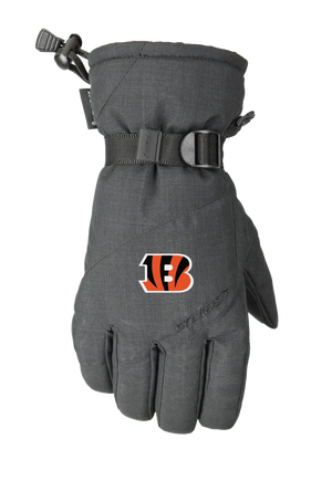 A single dark heather gray winter glove with a Cincinnati Bengals logo on the back of the hand, featuring a wrist strap with a pull tab and a one handed wrist cinch, displayed on a white background.
