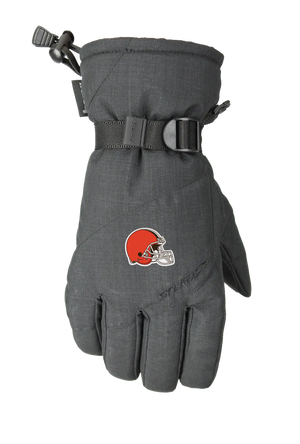 A single dark heather gray winter glove with a Cleveland Browns logo on the back of the hand, featuring a wrist strap with a pull tab and a one handed wrist cinch, displayed on a white background.