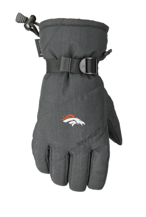 A single dark heather gray winter glove with a Denver Broncos logo on the back of the hand, featuring a wrist strap with a pull tab and a one handed wrist cinch, displayed on a white background.