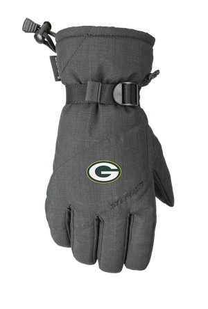 A single dark heather gray winter glove with a Green Bay Packers logo on the back of the hand, featuring a wrist strap with a pull tab and a one handed wrist cinch, displayed on a white background.