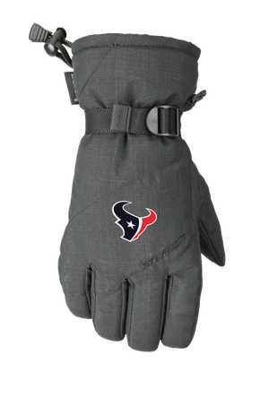 A single dark heather gray winter glove with a Houston Texans logo on the back of the hand, featuring a wrist strap with a pull tab and a one handed wrist cinch, displayed on a white background.