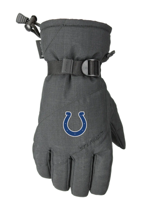 A single dark heather gray winter glove with a Indianapolis Colts logo on the back of the hand, featuring a wrist strap with a pull tab and a one handed wrist cinch, displayed on a white background.