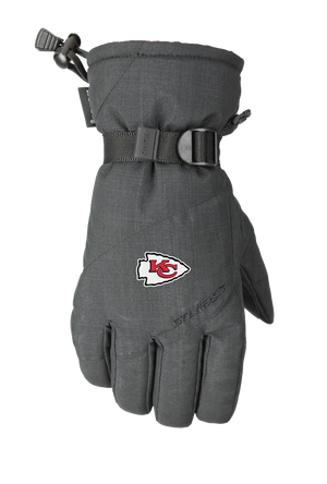 A single dark heather gray winter glove with a Kansas City Chiefs logo on the back of the hand, featuring a wrist strap with a pull tab and a one handed wrist cinch, displayed on a white background.