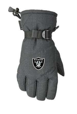 A single dark heather gray winter glove with a Las Vegas Raiders logo on the back of the hand, featuring a wrist strap with a pull tab and a one handed wrist cinch, displayed on a white background.