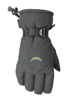 A single dark heather gray winter glove with a Los Angeles Chargers logo on the back of the hand, featuring a wrist strap with a pull tab and a one handed wrist cinch, displayed on a white background.