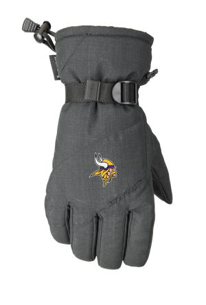 A single dark heather gray winter glove with a Minnesota Vikings logo on the back of the hand, featuring a wrist strap with a pull tab and a one handed wrist cinch, displayed on a white background.