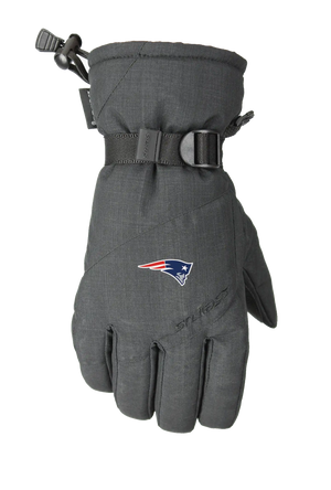A single dark heather gray winter glove with a New England Patriots logo on the back of the hand, featuring a wrist strap with a pull tab and a one handed wrist cinch, displayed on a white background.