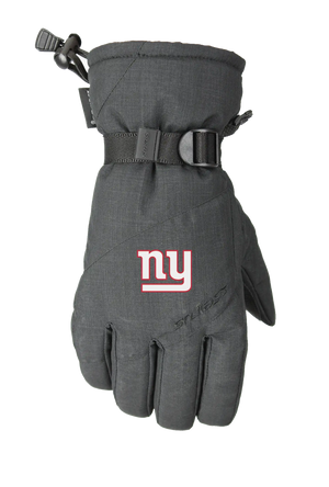 A single dark heather gray winter glove with a New York Giants logo on the back of the hand, featuring a wrist strap with a pull tab and a one handed wrist cinch, displayed on a white background.