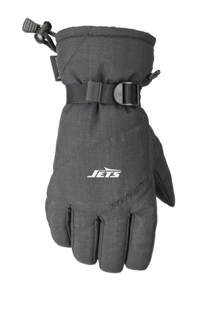 A single dark heather gray winter glove with a New York Jets logo on the back of the hand, featuring a wrist strap with a pull tab and a one handed wrist cinch, displayed on a white background.