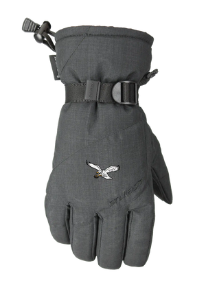 A single dark heather gray winter glove with a Philadelphia Eagles classic logo on the back of the hand, featuring a wrist strap with a pull tab and a one handed wrist cinch, displayed on a white background.