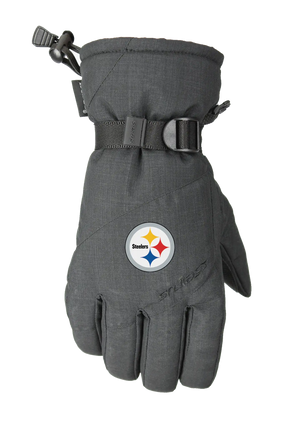 A single dark heather gray winter glove with a Pittsburgh Steelers logo on the back of the hand, featuring a wrist strap with a pull tab and a one handed wrist cinch, displayed on a white background.