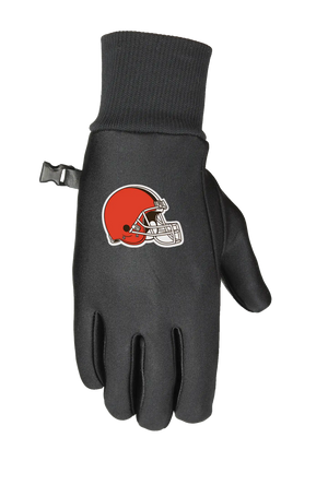 A single black glove with a ribbed cuff and a small wrist strap, featuring the Browns logo on the back of the hand.