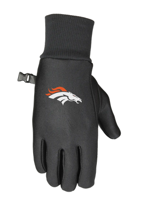 A single black glove with a ribbed cuff and a small wrist strap, featuring the Broncos logo on the back of the hand.