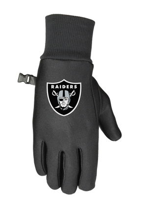 A single black glove with a ribbed cuff and a small wrist strap, featuring the Raiders logo on the back of the hand.