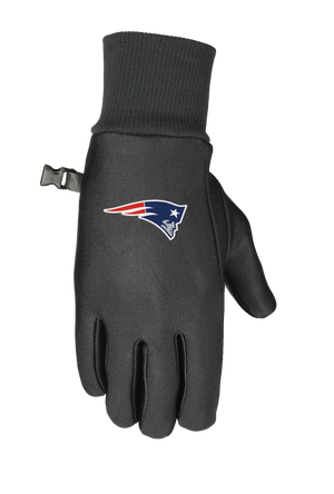 A single black glove with a ribbed cuff and a small wrist strap, featuring the Patriots logo on the back of the hand.