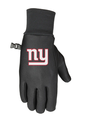 A single black glove with a ribbed cuff and a small wrist strap, featuring the Giants logo on the back of the hand.