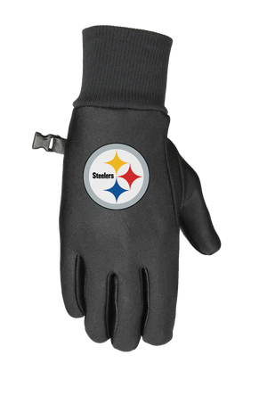 A single black glove with a ribbed cuff and a small wrist strap, featuring the Steelers logo on the back of the hand.