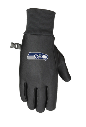 A single black glove with a ribbed cuff and a small wrist strap, featuring the Seahawks logo on the back of the hand.