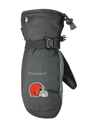 Black and gray lofted mitt with Browns logo on back of hand against a white background