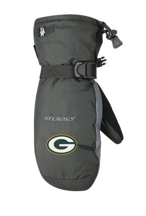 Black and gray lofted mitt with Packers logo on back of hand against a white background